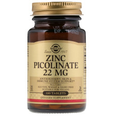 Минералы Solgar Цинк Піколінат 22 мг, Zinc Picolinate, 100 таблеток (SOL-03725)