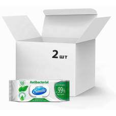 Упаковка влажных салфеток Smile Antibacterial с подорожником 2 пачки по 100 шт. (50392)