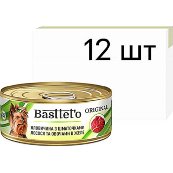 Упаковка влажного корма для собак Basttet`o Original Говядина с кусочками лосося и овощами в желе 12 штук по 85 гр